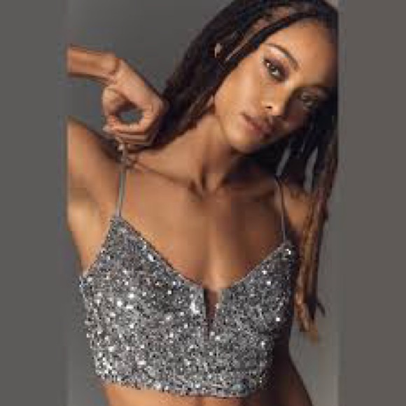 Anthropologie Sparkling Silver Sequin Crop Top - Picture 3 of 5